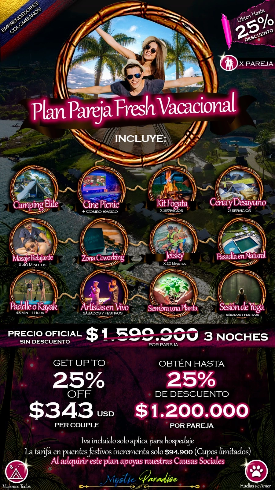 plan pareja fresh vacacional mystic paradise glamping lago calima